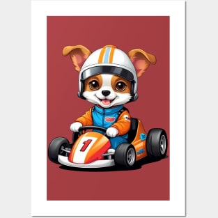 Cute Dog in Race Car Illustration Posters and Art